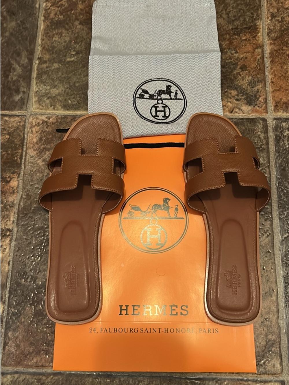 Hermes Brown Oran Leather Slide Sandals